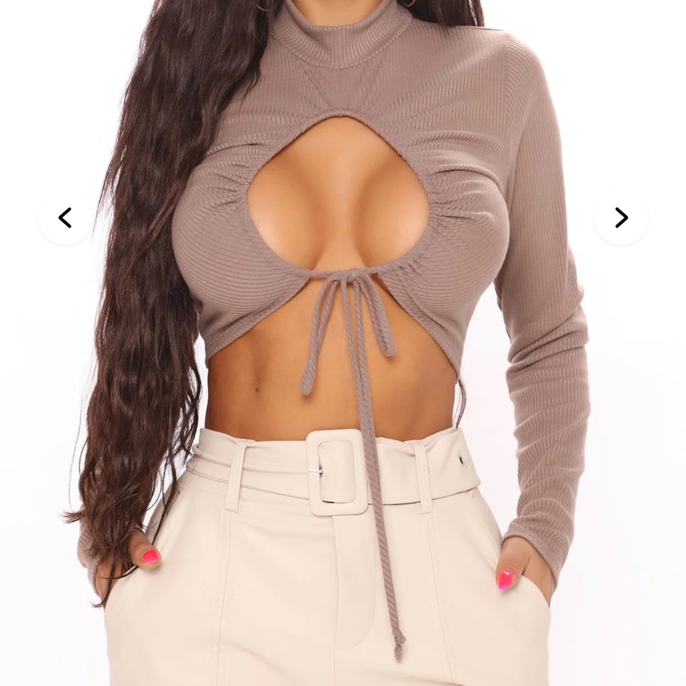 Fashion Nova Taupe Long Sleeve Cut-Out Bodysuit